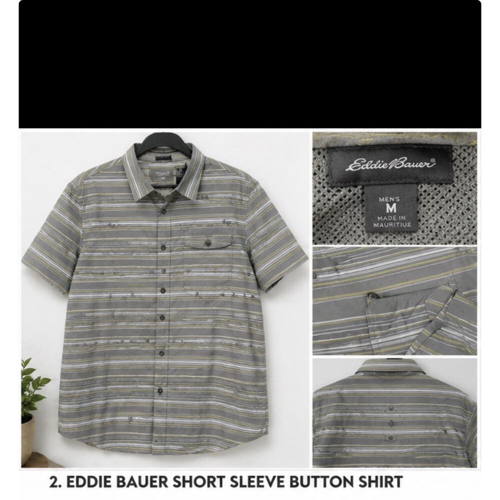 Eddie Bauer Button Shirt Gray Yellow Striped Mens Medium Short Sleeve